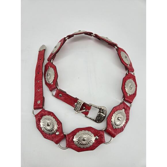Vintage Tooled Red Leather Southwestern Concho Belt Sz L (31.5 - 34.5 In) - Picture 1 of 11